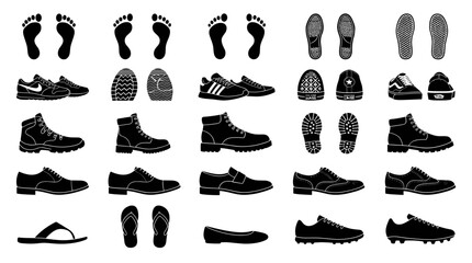 Obraz premium Shoe and footprint silhouette vector icon set with sneaker sole and footwear prints for retail design