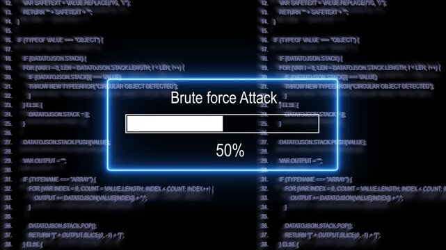 Cybersecurity brute force attack simulation featuring progress bar loading animation over abstract digital source code background, representing unauthorized hacking, attempt and system, data breach