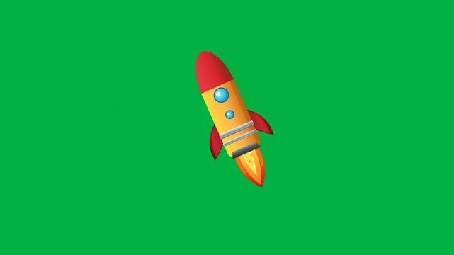 Cartoon Rocket Launch With Animated Pushing Flame On Green Screen