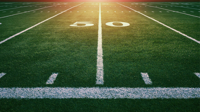 American football field fifty yard line green turf white stripe stadium light empty field sports ground game line outdoor field gridiron
