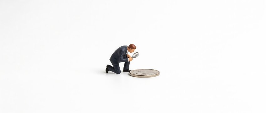 片膝をついて硬貨を調べるビジネスマン