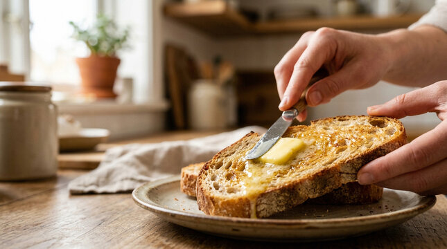Spreading Butter on Toasted Sourdough Bread