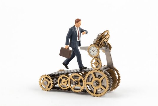 腕時計を確認しながら歯車の上を走るビジネスマン