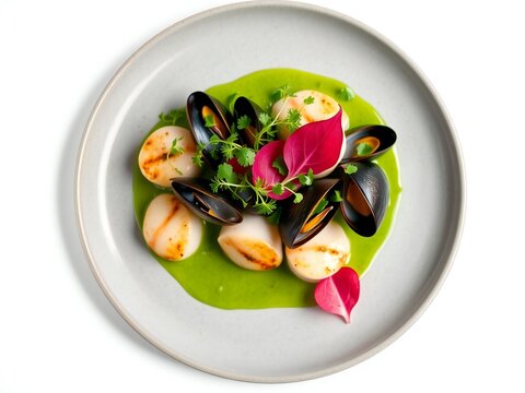 Delicious pan seared scallops and fresh mussels served with a vibrant green herb sauce on a round plate