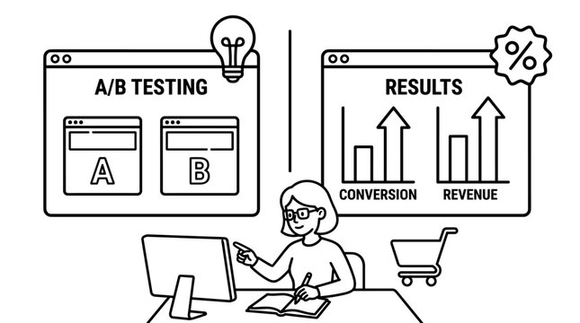 A/B testing results analysis with graphs showing conversion and revenue growth, person working on computer, lightbulb idea icon