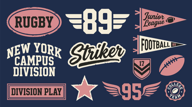 Vintage varsity sports badges and college athletic emblems set. Retro rugby and football vector graphics with campus pennants. Pink and navy blue collegiate team logo collection.