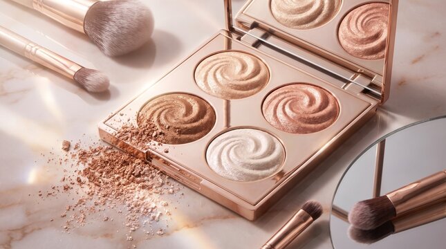 Highlighter makeup palette with brushes and scattered powder.