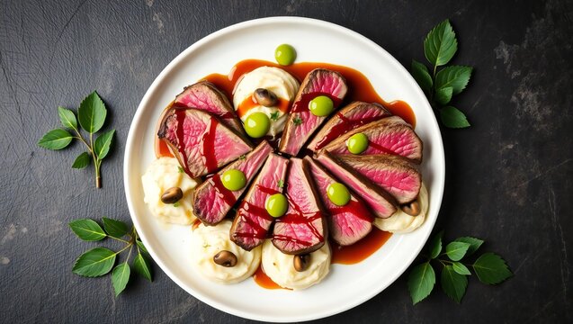 Gourmet sliced rare beef steak served with mashed potatoes and green peas on a white plate