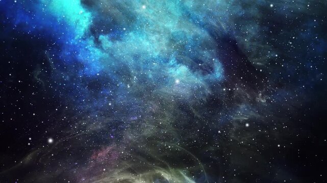 Cinematic deep space nebula motion footage featuring blue cosmic gas clouds and twinkling white stars in distant galaxy.