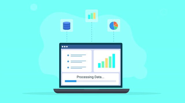 Modern flat vector animation showing a laptop with a data processing dashboard, bar chart, data list, and floating analytics icons, representing data analysis, business insights, and digital workflow.