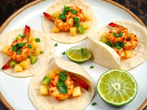 Four delicious shrimp tacos with pineapple salsa and fresh lime on a round plate