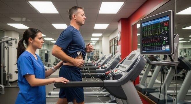 Cardiologist Monitors Patient Running on Treadmill During Stress Test with ECG Machine