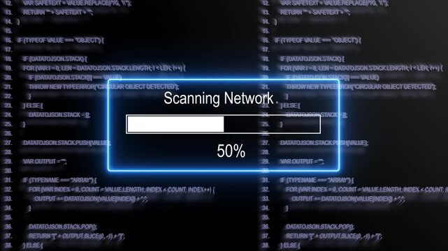 Advanced digital network scanning interface featuring real-time data processing progress bar with scrolling software source code background, for cybersecurity, information, technology, and tech