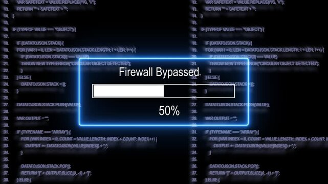 Cyber security breach concept featuring a digital firewall bypassed progress bar loading animation overlaid on scrolling computer source code background, for advanced network, protection and hacking