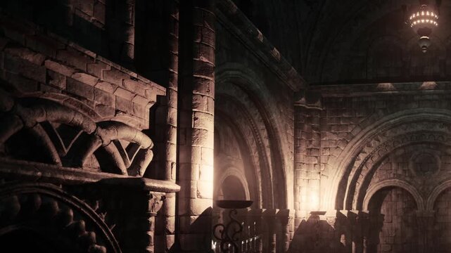 Stone walls show intricate carvings and arches inside an old building. Soft light highlights the details in the dark area. It feels like a moment frozen in time.