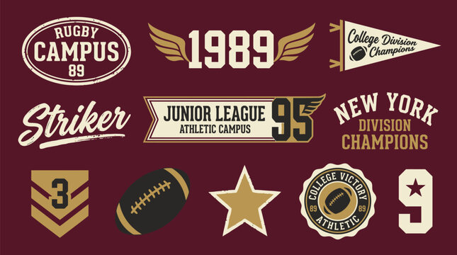 Vintage varsity sports badges and college athletic emblems set. Retro rugby campus logos and junior league striker patches. Maroon and gold collegiate typography for apparel design.