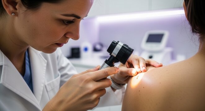 Dermatologist examines mole on patient's shoulder using dermatoscope for skin cancer screening.