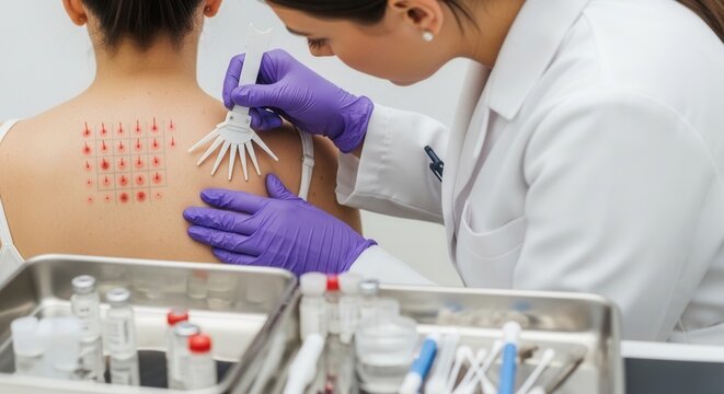 Dermatologist performs allergy skin prick test on patient's back, identifying potential allergens with redness indicating reactions.