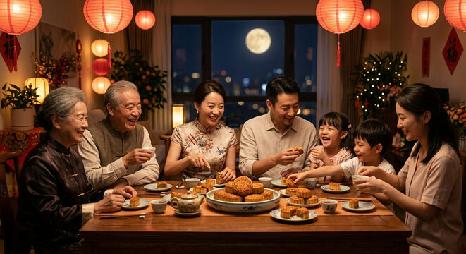 Happy multi-generational Asian family having a festive dinner together during the Mid-Autumn Festival.