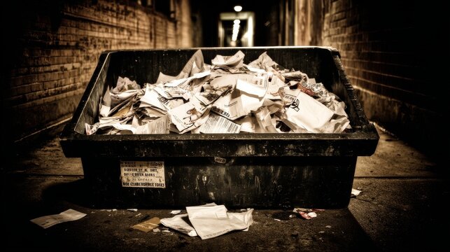 Overfilled Trash Bin in Dimly Lit Alleyway Surrounded by Brick Walls