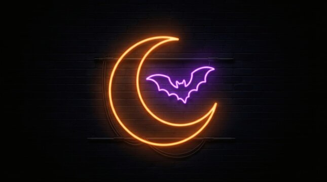 Neon Outline Style Illustration Glowing Single Line Neon Tube Outline Crescent Moon Small Bat

