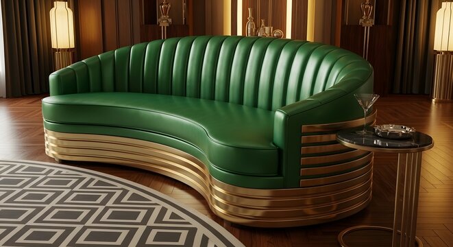 Luxurious emerald green channel tufted sofa with gold accents