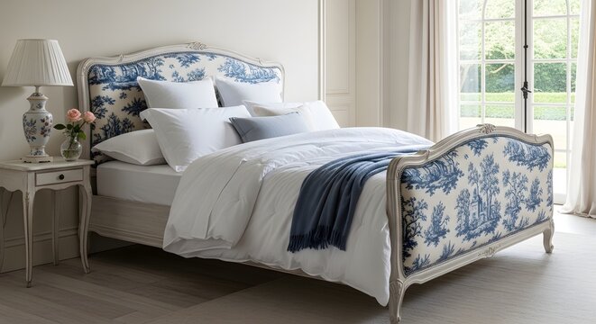 Elegant bedroom with blue toile upholstered bed and antique nightstand