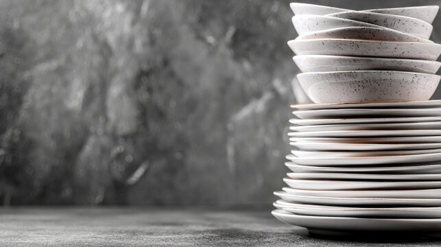 Stack of Elegant White Plates and Bowls with Textured Background