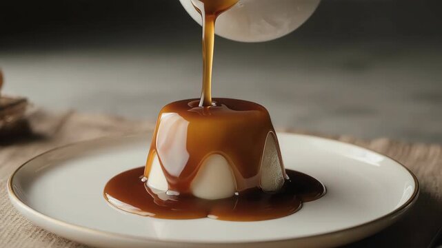 Silky caramel sauce pouring over smooth panna cotta dessert