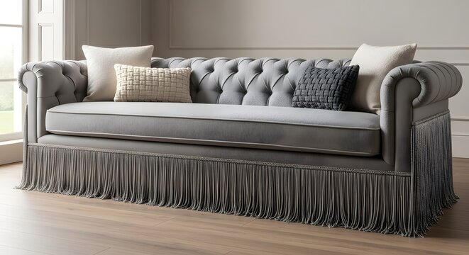 Elegant grey tufted chesterfield sofa with fringe detail