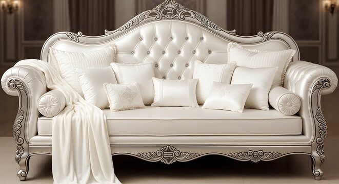 Elegant white tufted sofa with ornate silver trim and plush pillows