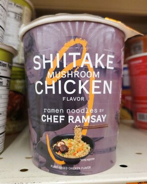 Wilmington, Delaware, U.S.A - Aug 25, 2026 - Instant ramen cup featuring shiitake mushroom plant-based chicken flavor with illustrated bowl and Chef Ramsay branding.