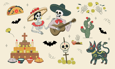 Fototapeta premium Day of the Dead Mexican holiday element set with skeletons ofrenda altar and alebrije in flat hand drawn style