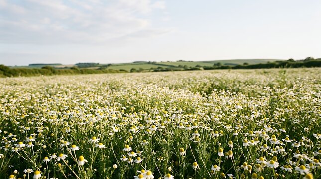 Expansive field of delicate white chamomile blossoms with bright yellow centers stretching out from the bottom edge leaving ample space above for custom text daisy field foreground flower wildflower