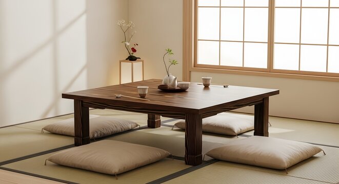 Traditional Japanese tatami room with low wooden table and floor cushions