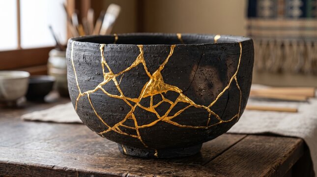 Kintsugi gold repaired dark raku ceramic crack texture