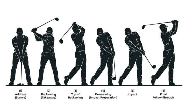 Professional golfer demonstrates the correct sequence of a powerful golf swing movement in black silhouette illustrations