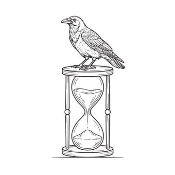 Crow bird perched on sand hourglass in etching line art style