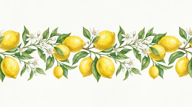 Continuous hand painted watercolor band of organic yellow citruses with fragrant white blossoms and green leaves on a plain backdrop watercolor lemon border seamless citrus flower blossom slice peel
