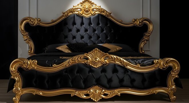 Ornate black and gold baroque bed with tufted headboard