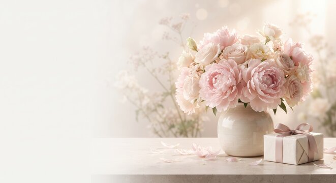 A bouquet of pale pink peonies and roses in a white ceramic vase with a wrapped gift box on a table, soft natural lighting and blurred floral background