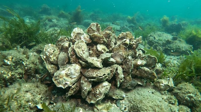 Cluster of wild oyster shells with rough calcified textures lying underwater in clear greenish sea current oyster shell underwater water green aquatic marine sea ocean clump pile nature texture rough