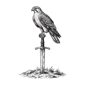 Hawk bird perched on sword hilt in woodcut line art style