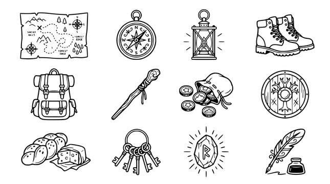 Adventure Icons: Map, Compass, Boots, Backpack, Treasure, Lantern, Shield, Keys