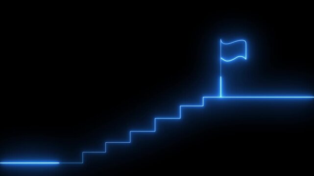 Glowing neon success stairs with flag icon animation on black background 4k video
