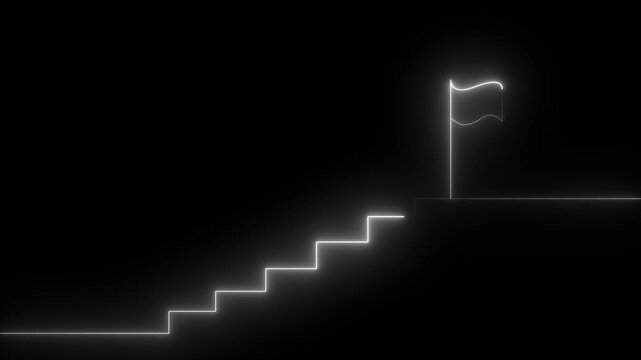 Glowing neon success stairs with flag icon animation on black background 4k video