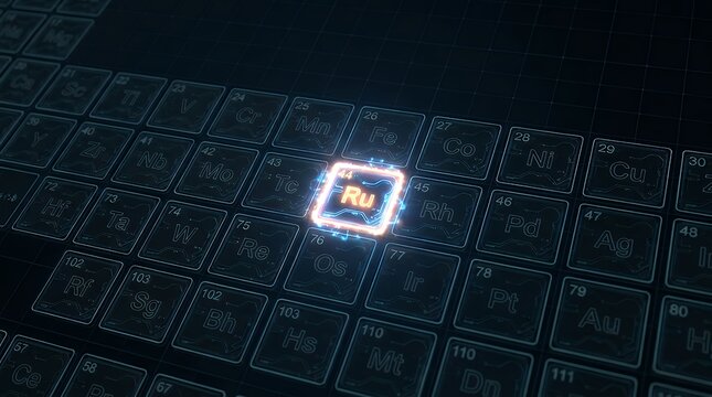 Chemical element ruthenium glowing brightly within a dark digital periodic table of elements display ruthenium element periodic table chemistry science physics symbol atomic number metal transition