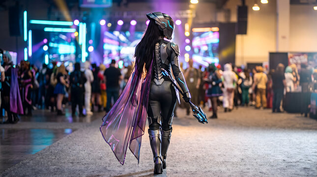 Futuristic armored female cosplayer walking through convention hall