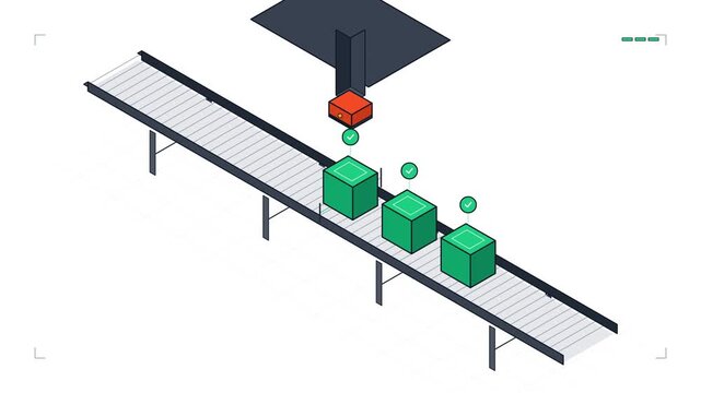 Isometric 3D animation of automated conveyor belt processing boxes