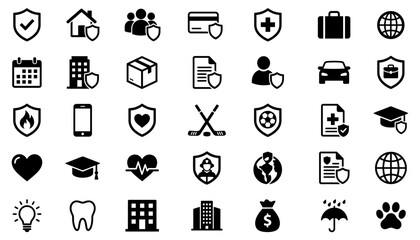 Fototapeta premium Black Silhouette Icon Set – Insurance Coverage & Protection Symbols